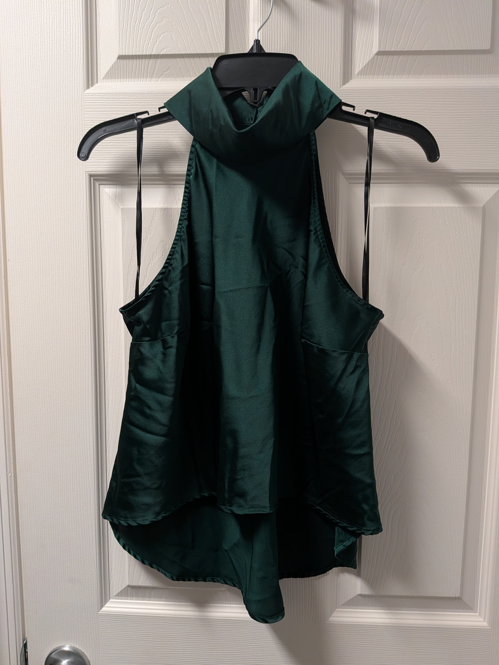 Sleeveless High-Neck Satin Halter Top in Dark Green